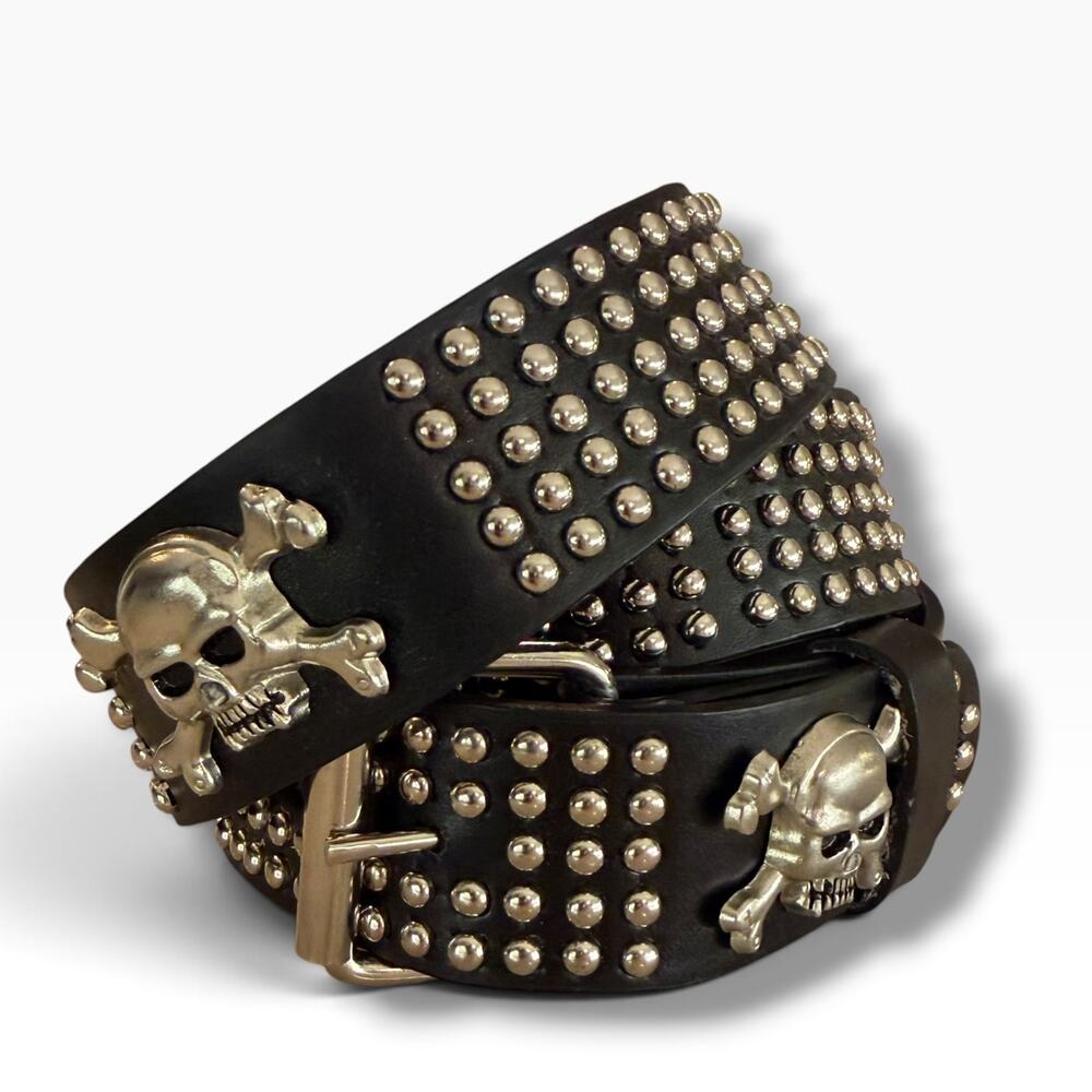 Black Leather Belt with Skull Accents Studs Silver Tone Size XL Goth Punk Whimsy